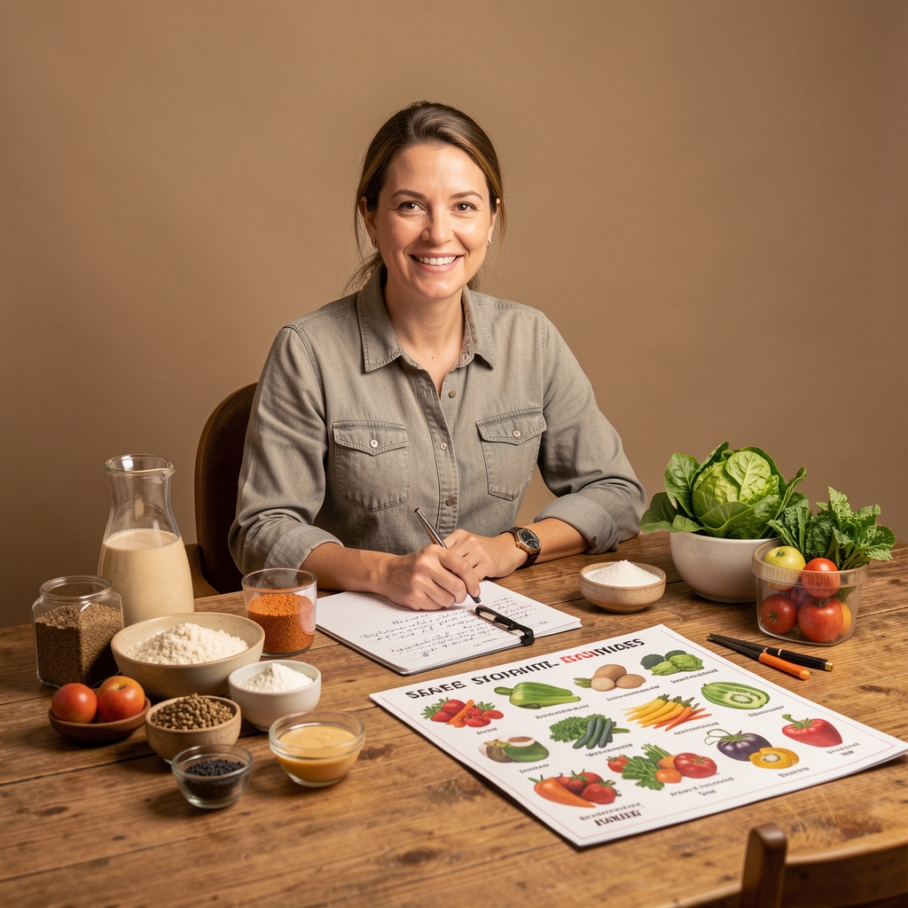 Qualified nutrition professional seated at a large wooden table covered with ingredient samples, handwritten food-habit records, and a seasonal produce reference chart under warm studio lighting