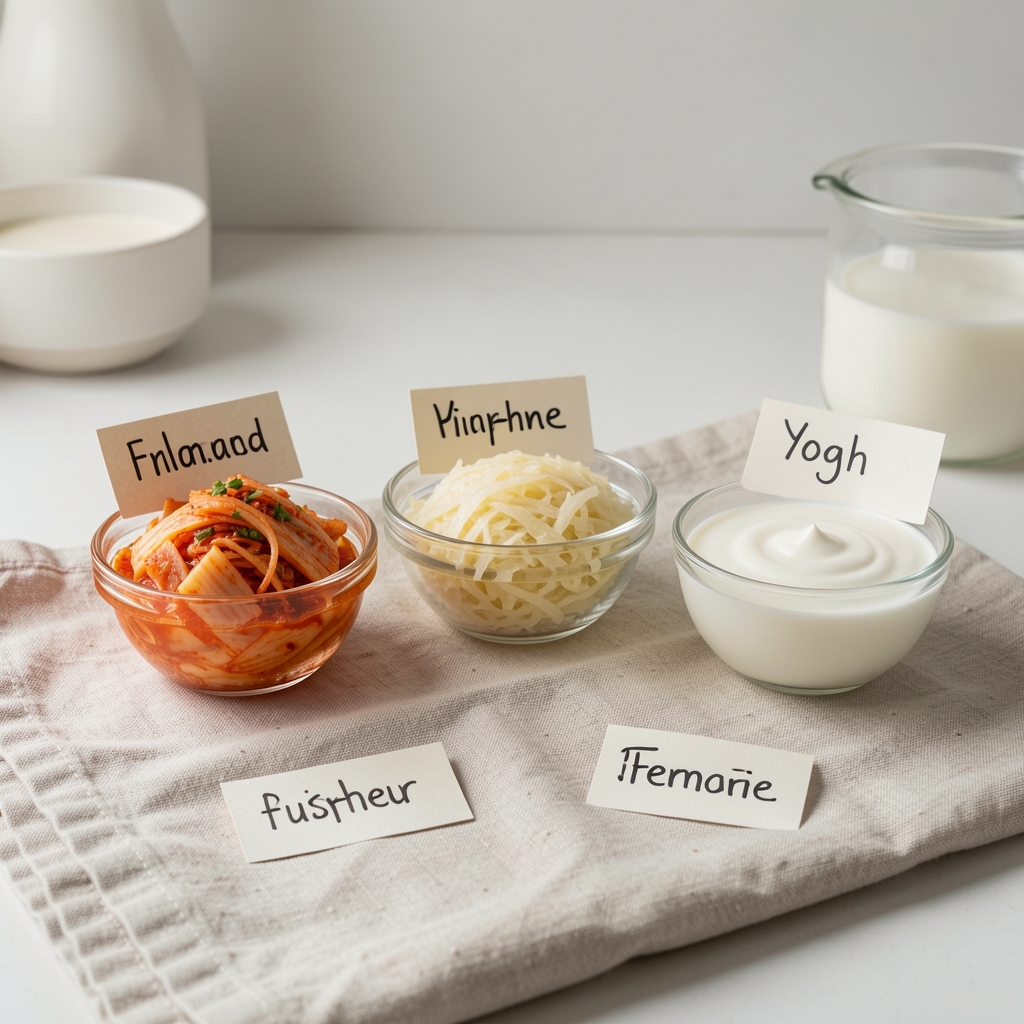 Small glass bowls of fermented foods including kimchi, sauerkraut, and yoghurt displayed on a linen cloth with handwritten fermentation-time labels, in a clean workspace