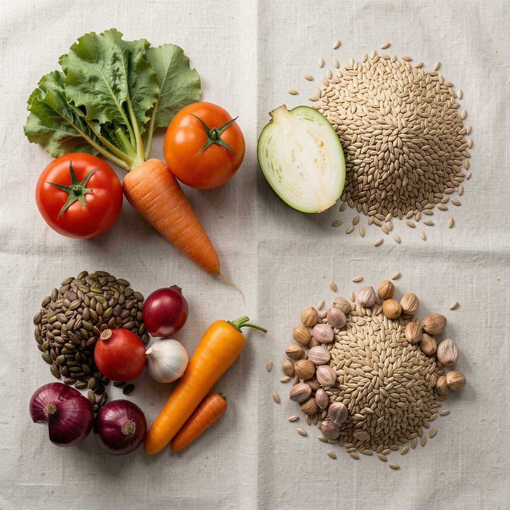 Neatly arranged seasonal vegetables and whole grains on a pale linen surface, overhead documentary composition with natural daylight