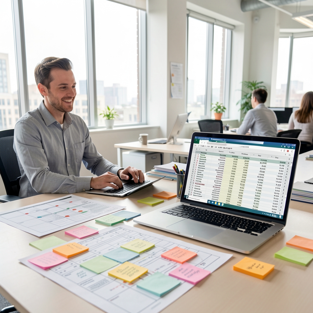 Data analyst at a large desk covered with printed meal-pattern charts, coloured sticky notes clustering similar records, and a laptop showing a nutrition data spreadsheet in bright open office lighting