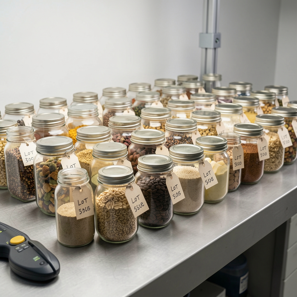 Quality-control workbench with neat rows of labelled glass jars containing whole-food ingredient samples, each with a handwritten lot code tag, photographed under controlled studio lighting