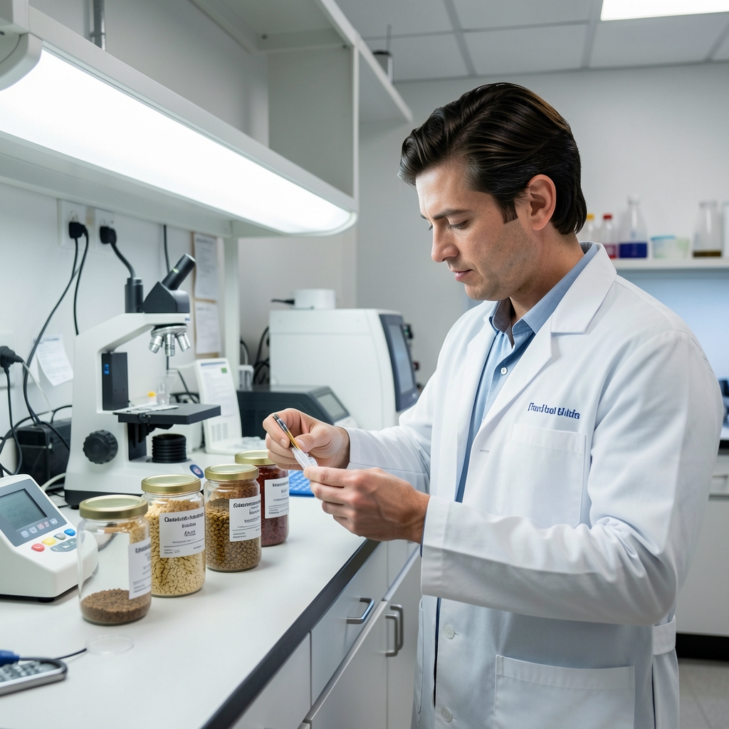 Independent laboratory quality-control environment showing a nutrition scientist examining labelled food samples under controlled bright workspace lighting with measurement equipment visible on the bench