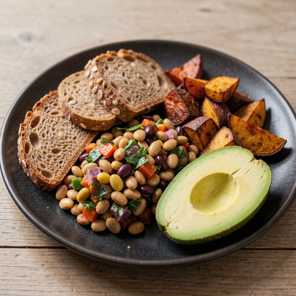 Colourful spread of whole-grain bread, legume salad, roasted root vegetables, and sliced avocado arranged on a dark ceramic platter with minimal food-styling