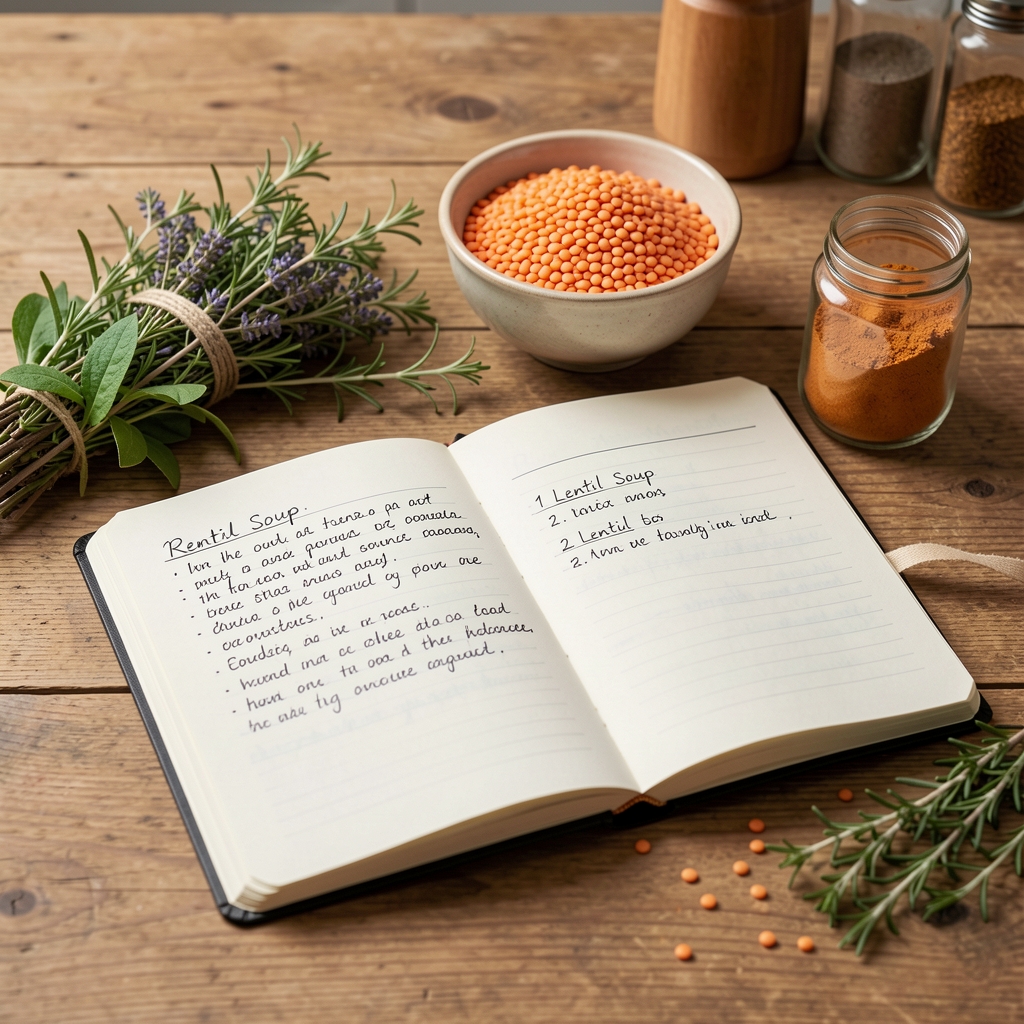 Open recipe notebook on a kitchen bench with handwritten notes about a lentil soup recipe, alongside a bowl of red lentils, a bundle of fresh herbs, and a small jar of spices
