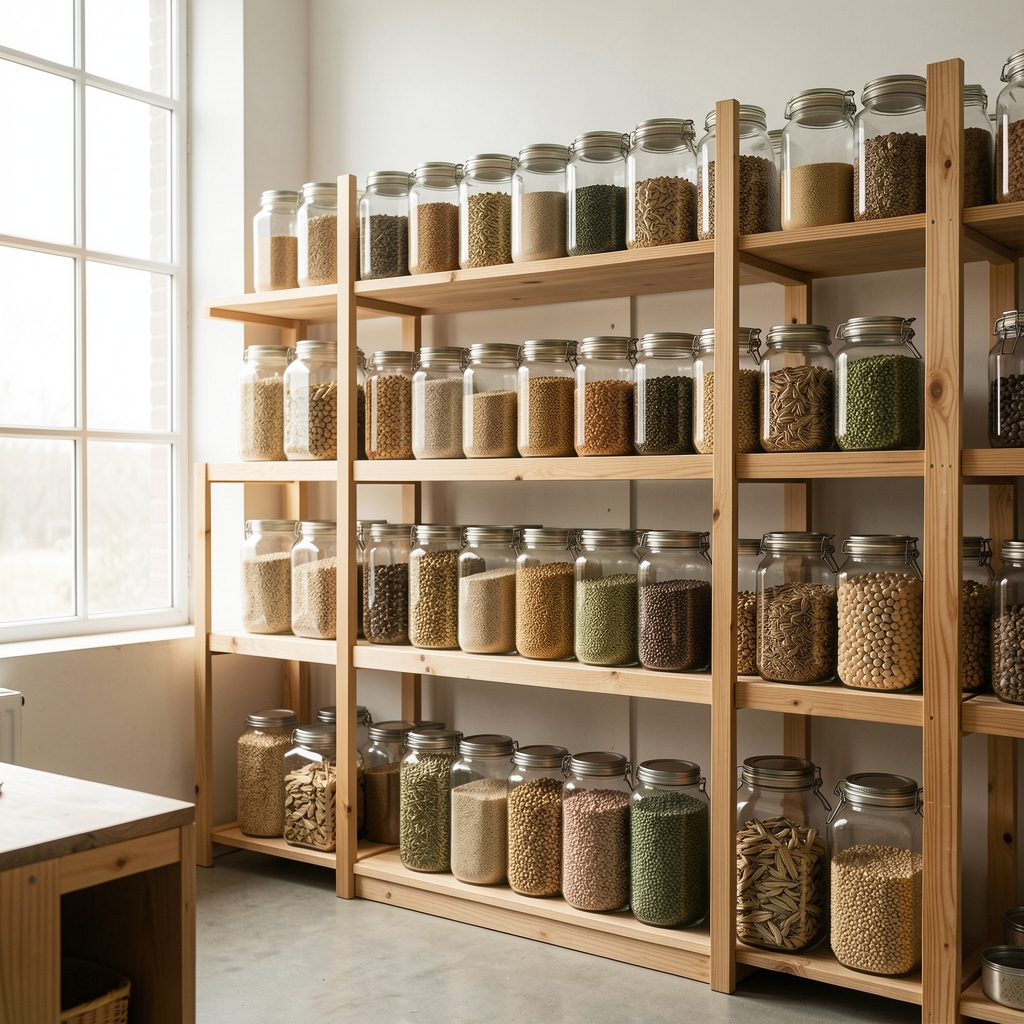 Bright London studio workspace with wooden shelving lined with glass jars of dried whole grains, pulses, and seeds, natural north light through tall windows