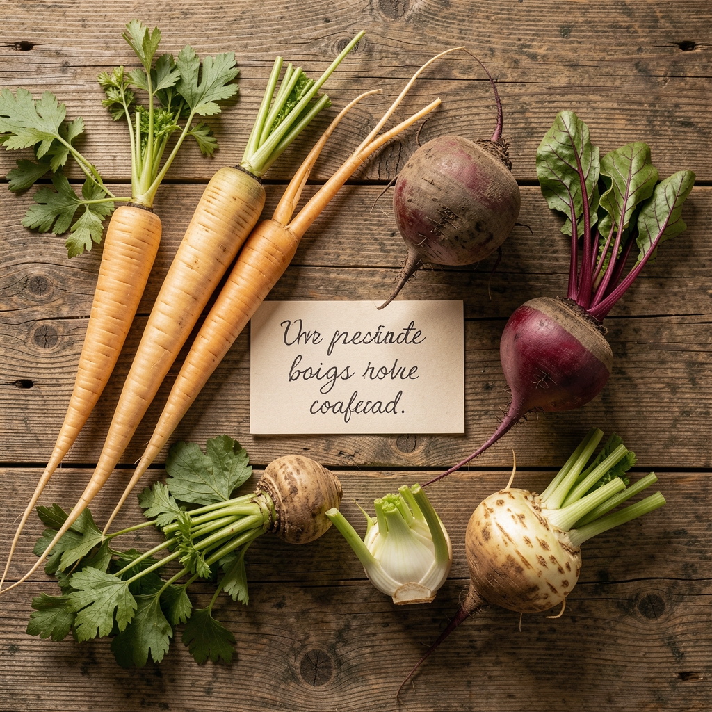 Overhead flat-lay of freshly harvested autumn root vegetables including parsnips, beetroot, and celeriac arranged on a weathered oak preparation surface with a handwritten produce label